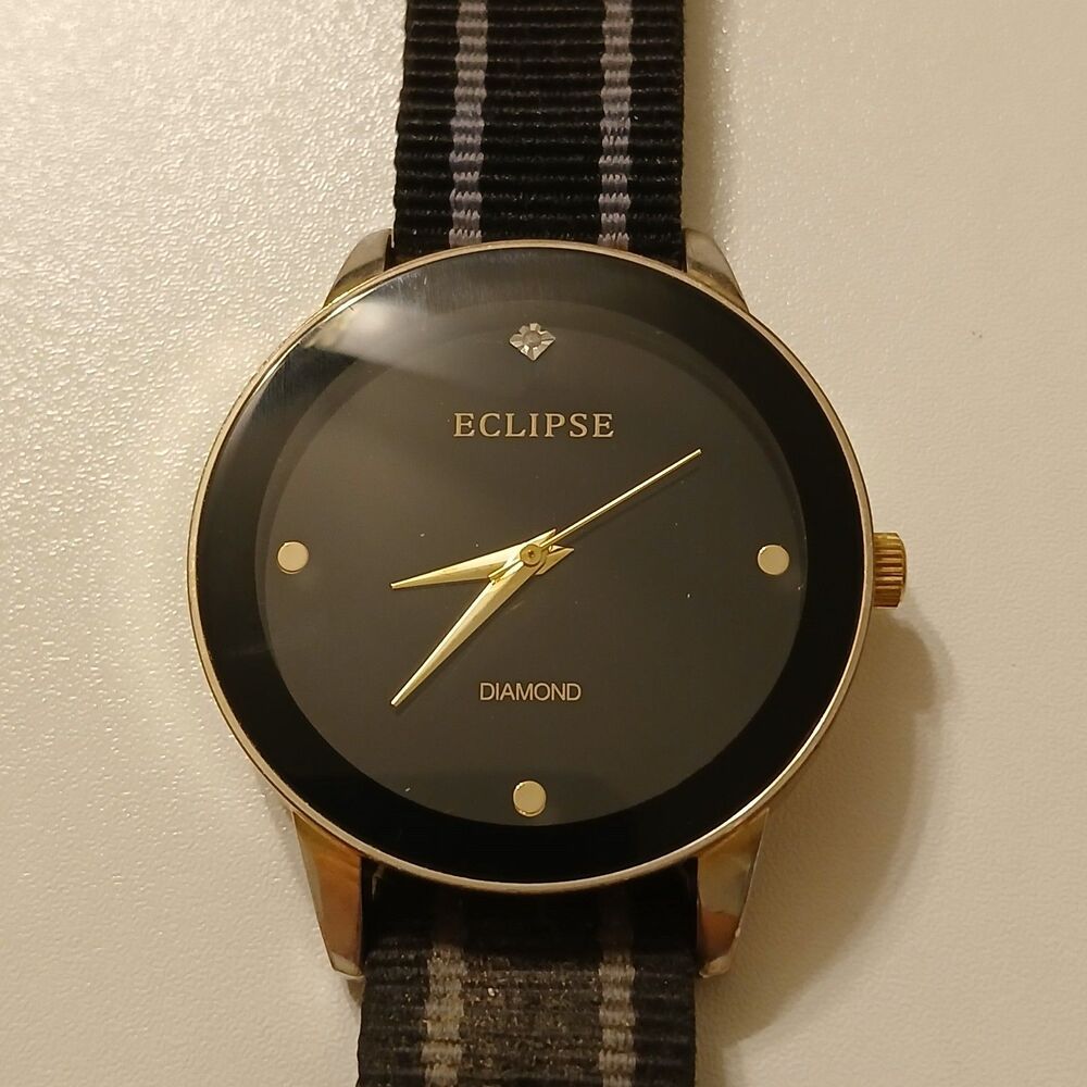 Eclipse Men's Black Diamond Striped Band Round Dial Watch Japan Movt WR 100FT